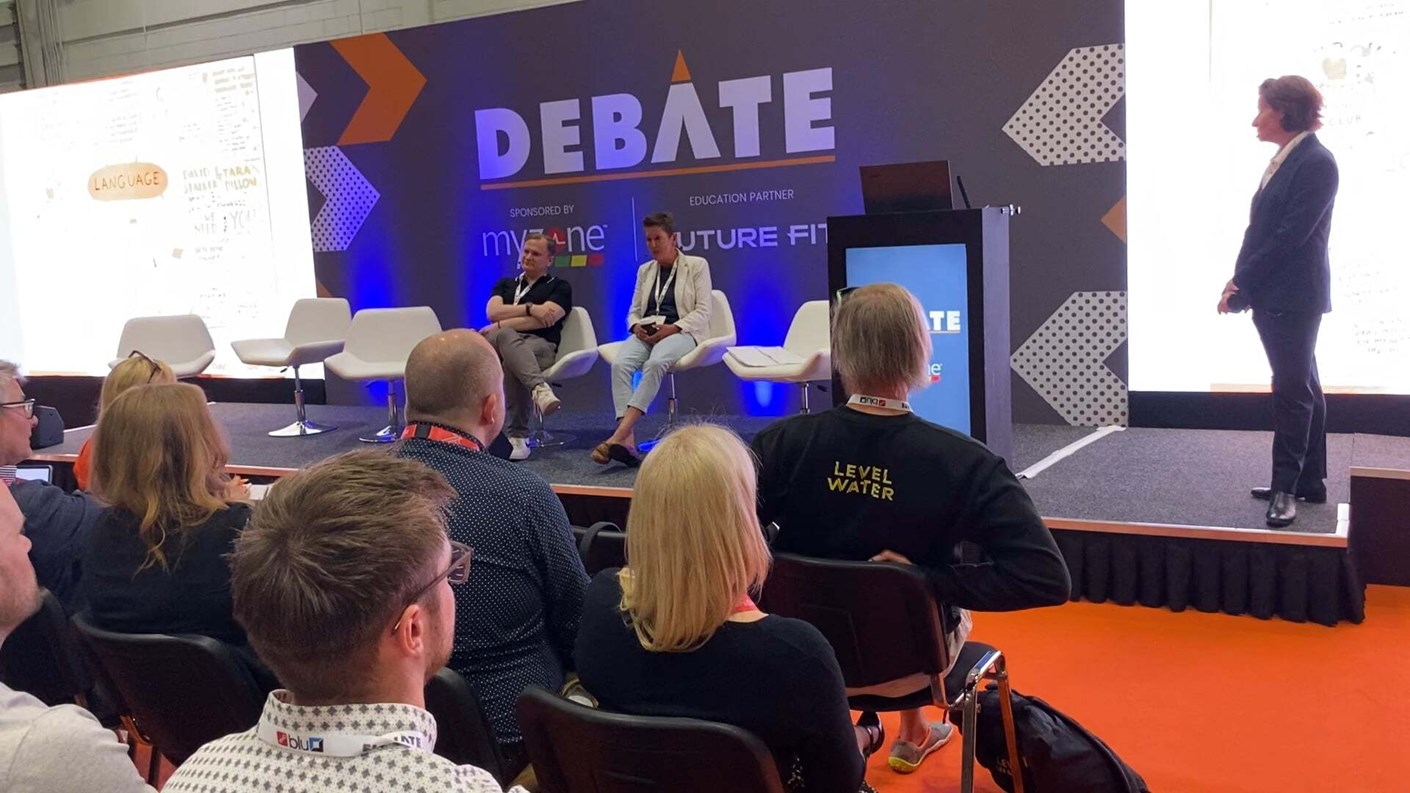 Tara Dillon and Huw Edwards on stage at Elevate 2024