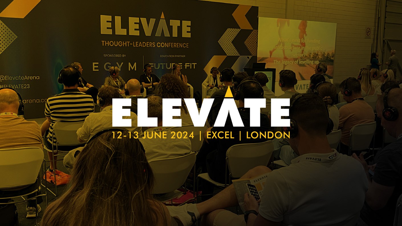 elevate logo banner with conference delegates in background
