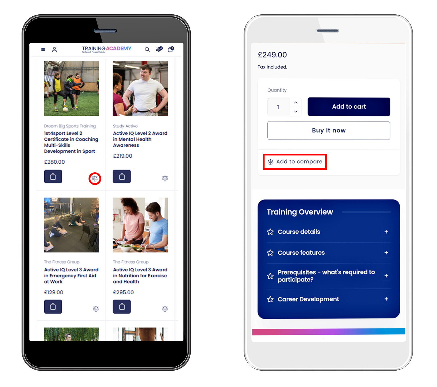 Phone showing how to add courses to your compare list