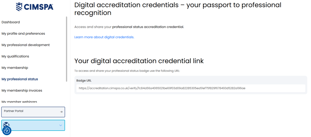 View of My professional status tab on CIMSPA dashboard
