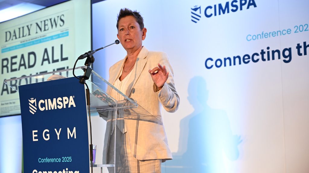 CIMSPA CEO Tara Dillon speaking on stage at CIMSPA Conference 2025